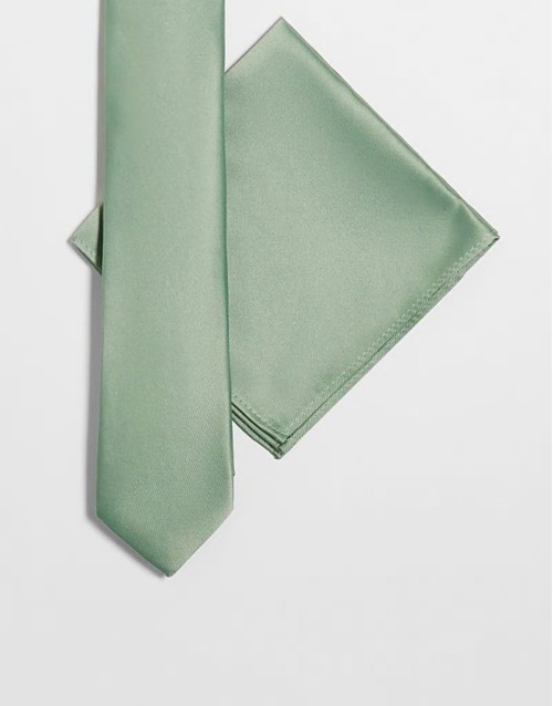 satin slim tie and pocket square in sage green