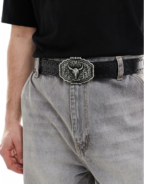 western cowboy plate whipstitch belt in black faux leather