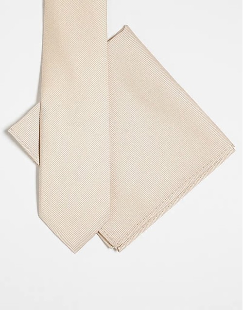 satin tie and pocket square in beige