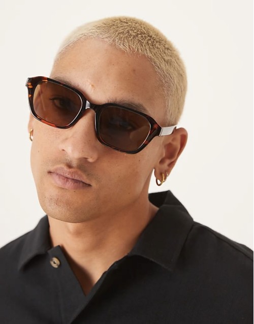 square sunglasses with brown lens and dark tortoiseshell frame