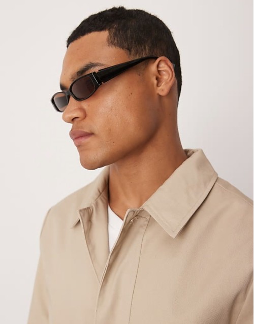 slim rectangle sunglasses in black with brown lens