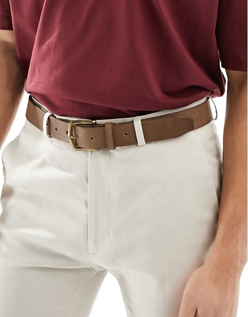 leather belt with burnished gold buckle in vintage brown