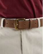leather belt with burnished gold buckle in vintage brown