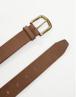 leather belt with burnished gold buckle in vintage brown